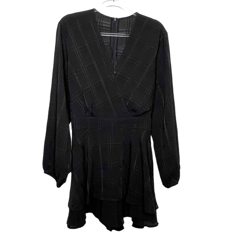 Long Sleeve Faux Wrap Romper Dress V-Neck Tie Back Checked Plaid Black Size XXL